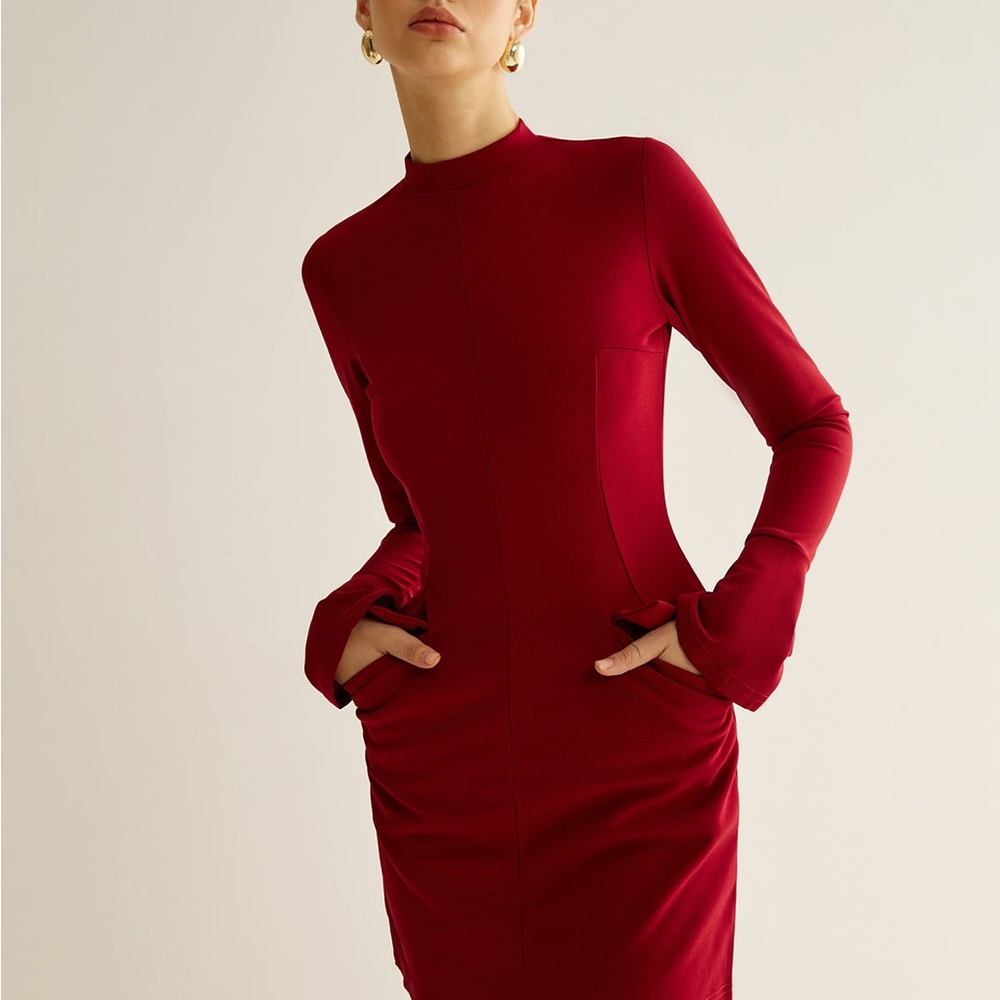 Commense Plain Piping Flair Sleeve Mini Dress, Black - Picture 2 of 10